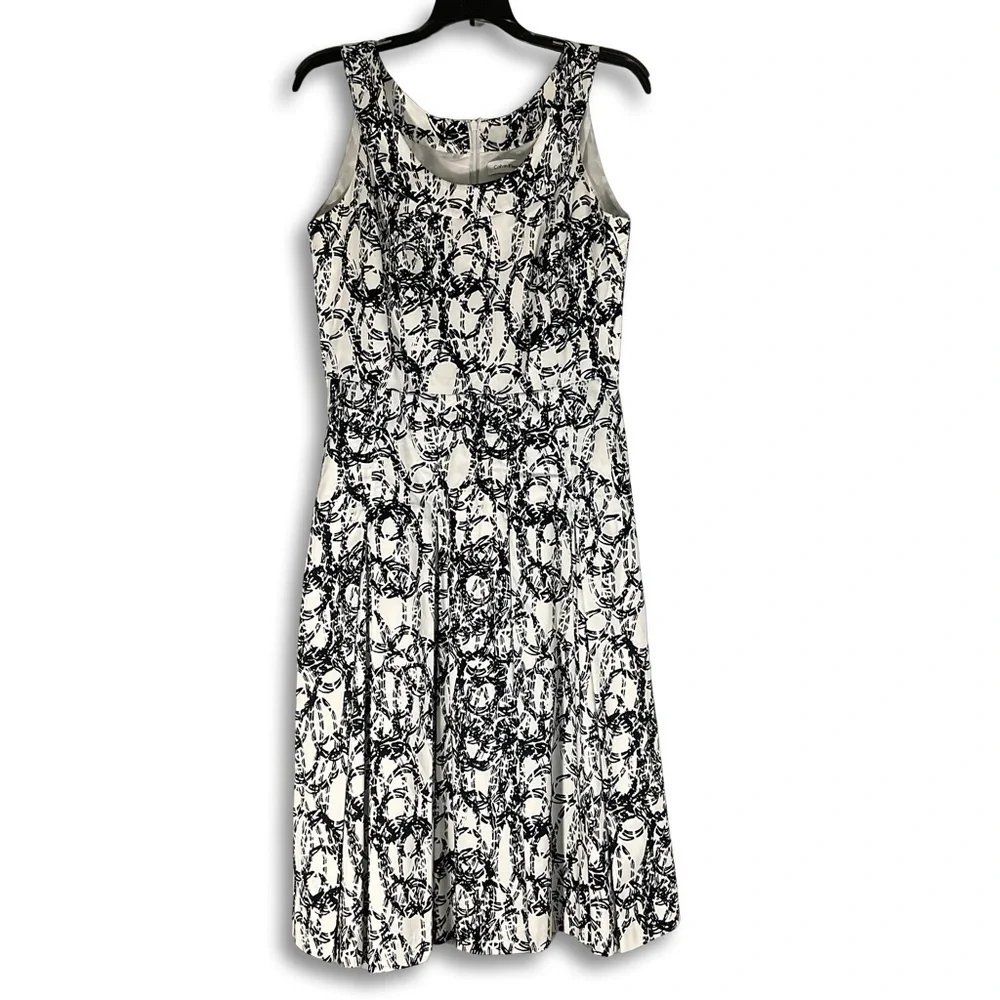 Calvin Klein A-Line Midi Dress Womens 8 Black White Abstract‎ Sleeveless Lined